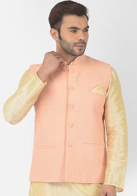Men Peach Coloured Embroidered Woven Pure Cotton Nehru Jackets