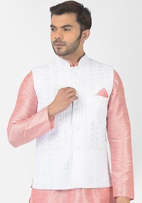Men White Chikankari Woven Pure Cotton Nehru Jackets