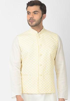 Men Yellow And White Embroidered Pure Cotton Woven Nehru Jacket