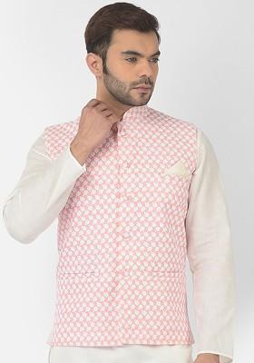 Men Peach Coloured And White Embroidered Woven Pure Cotton Nehru Jackets