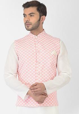 Men Peach Coloured And White Embroidered Woven Pure Cotton Nehru Jackets