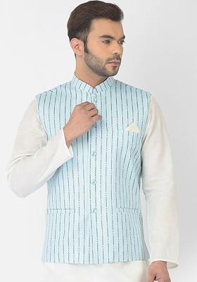 Men Blue Striped Cotton Nehru Jacket