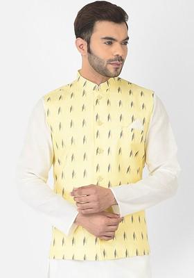 Men Yellow Printed Woven Design Cotton Nehru Jacket