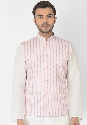 Men Coral Pink Printed Woven Pure Cotton Nehru Jackets