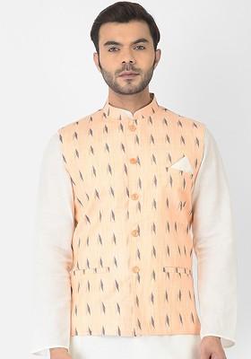 Men Orange Woven Design Pure Cotton Nehru Jackets