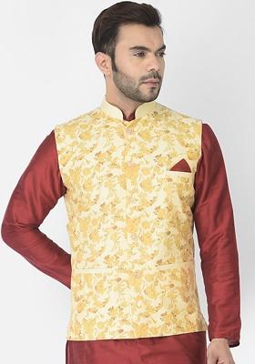 Men Cream Coloured Printed Woven Design Cotton Nehru Jackets