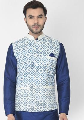 Men Off White And Blue Printed Woven Nehru Jacket