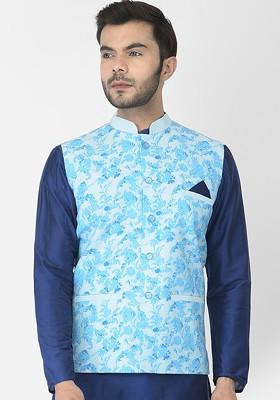 Men Blue Printed Woven Design Nehru Jackets