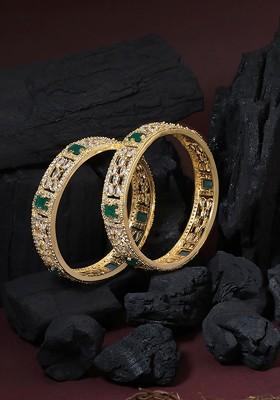 Set Of 2 24 CT Gold Plated White And Green Stone Studded Bangles
