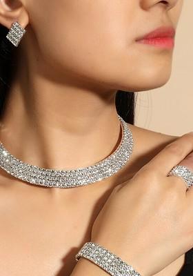 Silver Plated Crystal Studded Choker Necklace Set