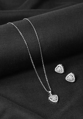 Silver Toned American Diamond Crytal Studded Geometric Shaped Pendant Set