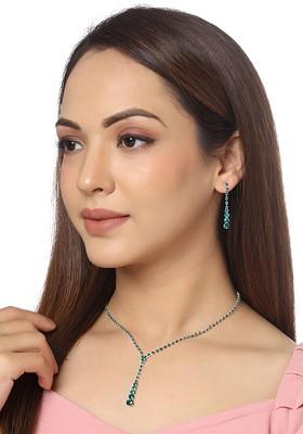 Silver Tone And Green Crystal Studded Necklace With Dangler Earring