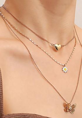 Gold Toned Heart Shape Flower Daisy Butterfly Charm Multi Layered Neckchain