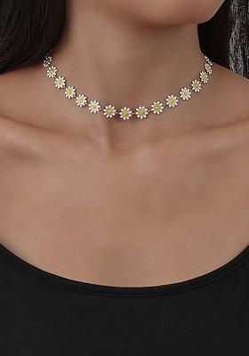 Gold Toned And White Floral Pearl Studded Choker Necklace