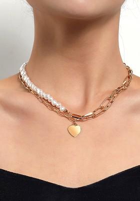 White Gold Plated Pearl Studded Layered Heart Shaped Necklace