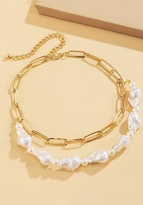 Gold Toned Multilayer White Pearl Stone Chain Necklace