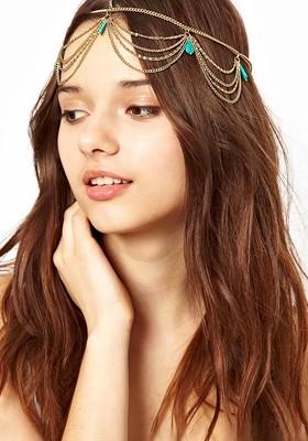 Gold Toned And Blue Stone Studded Multi Layered Head Chain