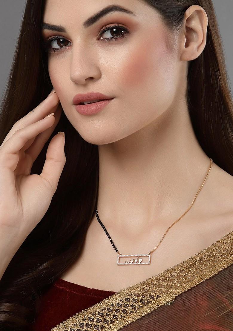 Gold Plated White AD Studded And Black Beaded  Mangalsutra