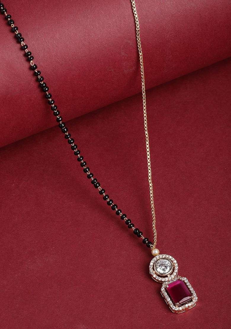 Gold Plated Gold  CZ Stone Solitaire And Black Beads Mangalsutra - Indya