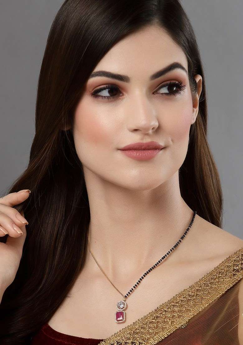 Gold Plated Gold  CZ Stone Solitaire And Black Beads Mangalsutra - Indya