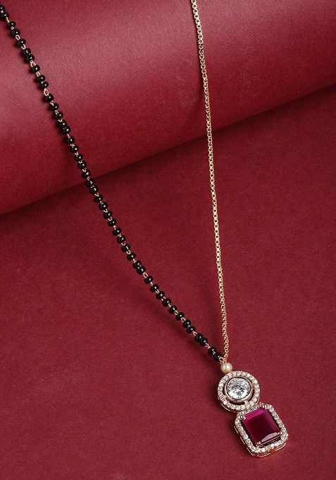 Gold Plated Gold  CZ Stone Solitaire And Black Beads Mangalsutra