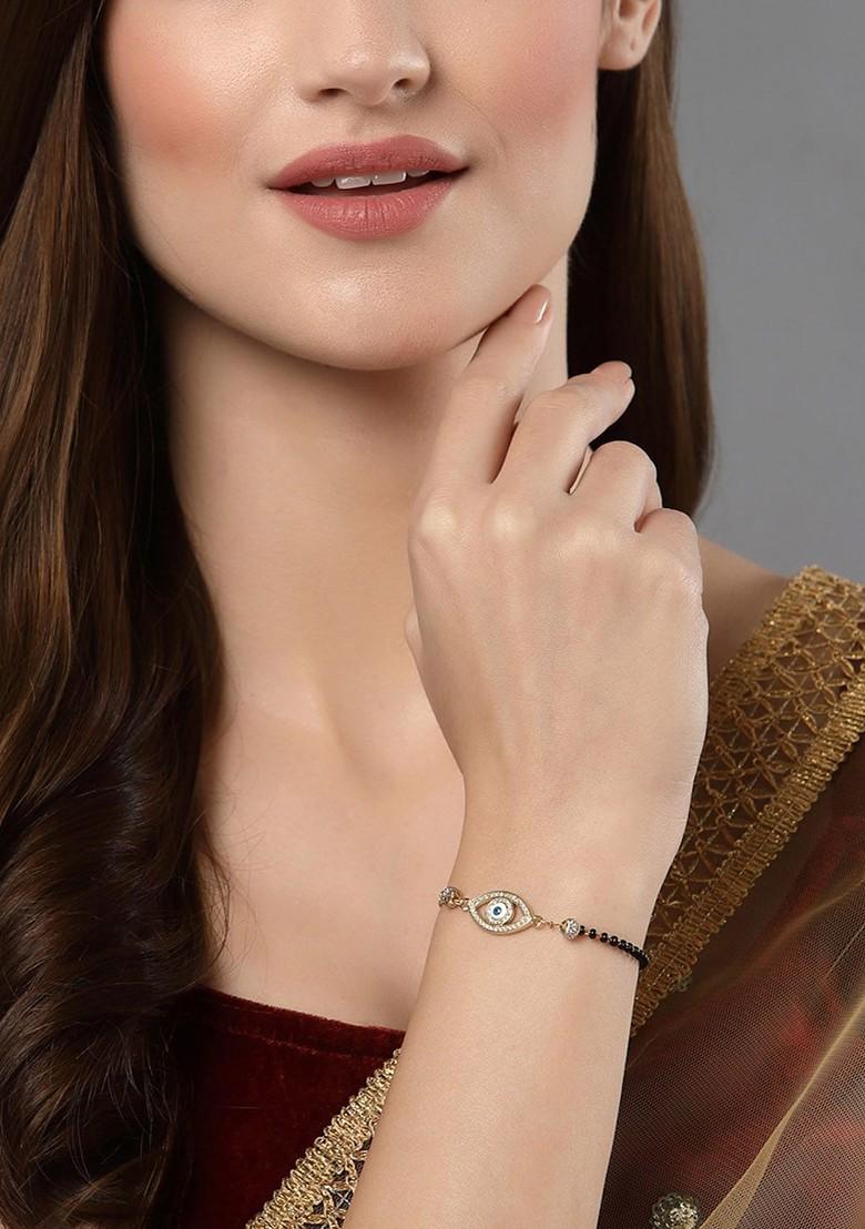 Gold Plated White CZ Studded And Beaded Evil Eye Charm Solitaire Hand Mangalsutra