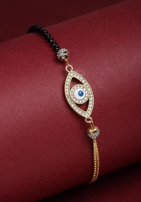 Gold Plated White CZ Studded And Beaded Evil Eye Charm Solitaire Hand Mangalsutra