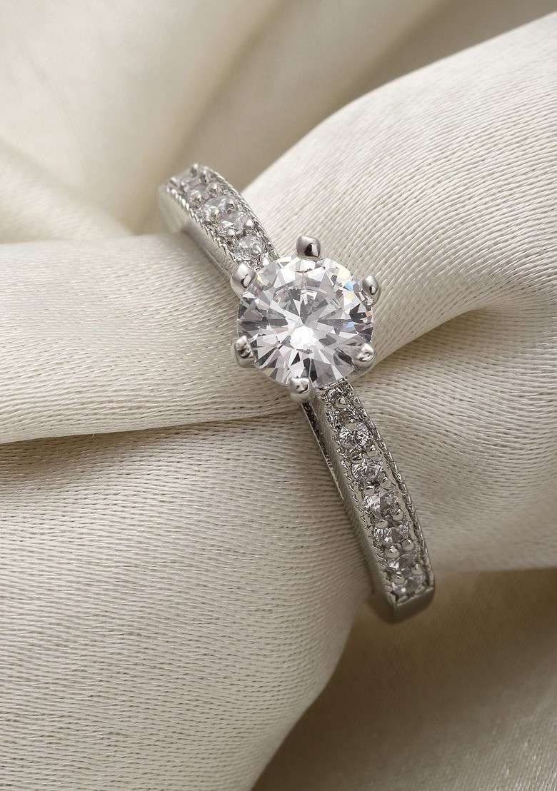 Silver Plated Solitaire AD Stone Solitaire Finger Ring - Indya