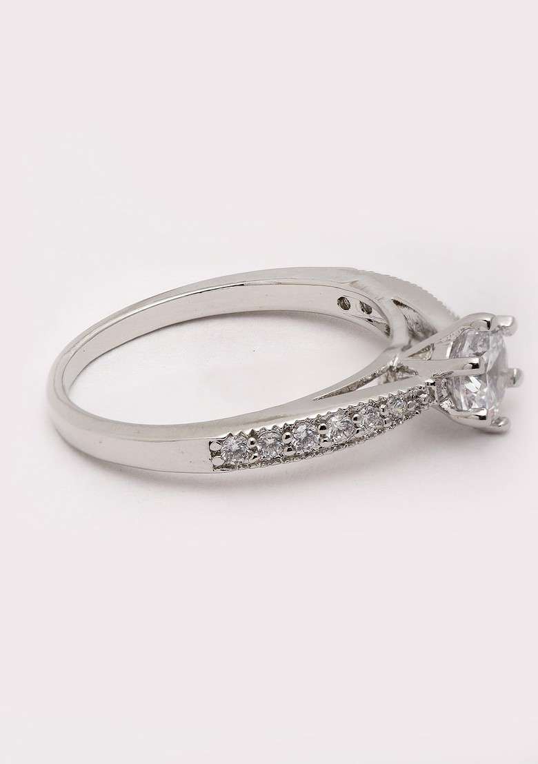 Silver Plated Solitaire AD Stone Solitaire Finger Ring - Indya