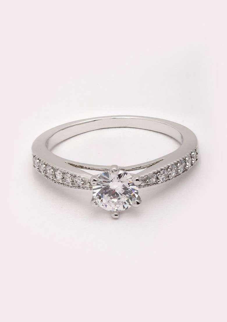 Silver Plated Solitaire AD Stone Solitaire Finger Ring - Indya