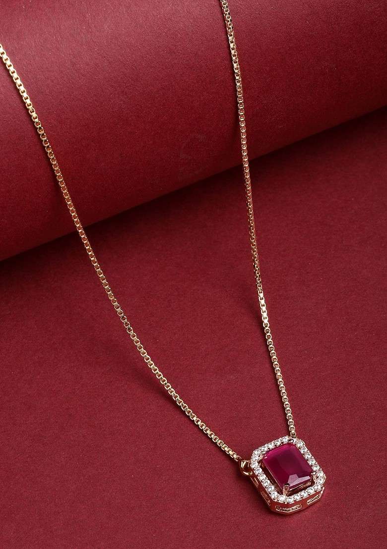 Gold Plated Red CZ Stone Studded Pendant With Chain - Indya
