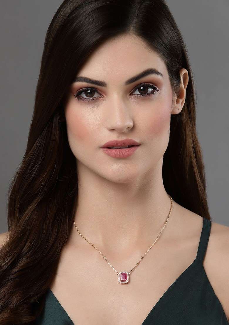 Gold Plated Red CZ Stone Studded Pendant With Chain - Indya