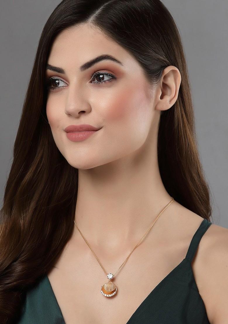 Gold Plated Sea Shell Pearl And CZ Stone Pendant With Chain