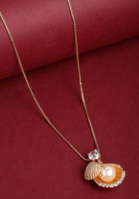 Gold Plated Sea Shell Pearl And CZ Stone Pendant With Chain