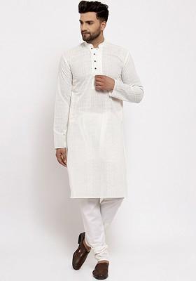 Cream Coloured Ethnic Motifs Embroidered Chikankari Pure Cotton Kurta With Churidar