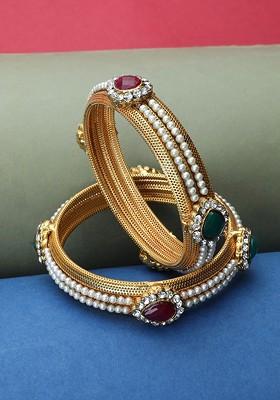 Set Of 2 Gold Plated White AD Studded Bangle