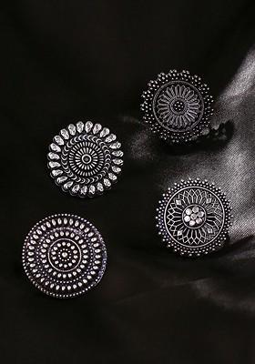 Set Of 4 Silver Toned Oxidized Adjustable Finger Ring