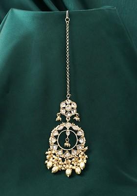 Gold Plated White Kundan Studded Beads Drop Maangtikka