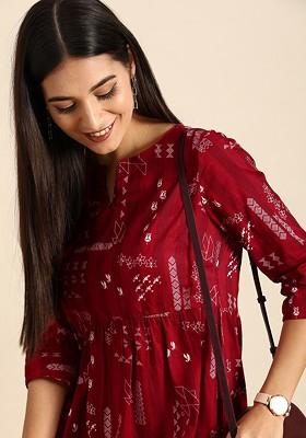 Women Red And WhiteGeometric Printed Pure Cotton Fit And Flare Midi Dress