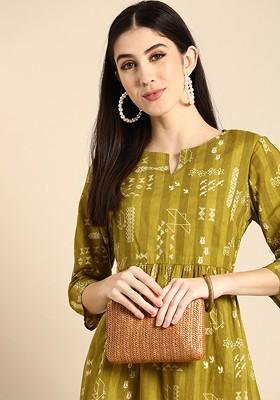 Olive Green And White Ethnic Motifs Pure Cotton A-Line Midi Dress