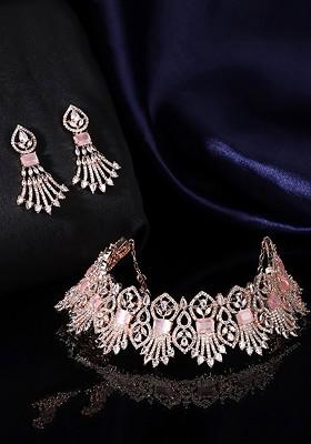 Women Rose Gold Plated American Diamond Studded Bridal Jewellery Set