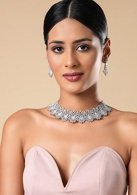 Rhodium Plated Silver Toned And White Ad Studded Bridal Wedding Jewellery Set