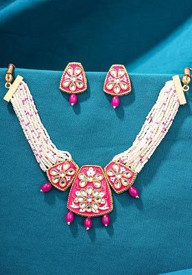 Gold Plated Pink And White Kundan Stone Studded Jewellery Set