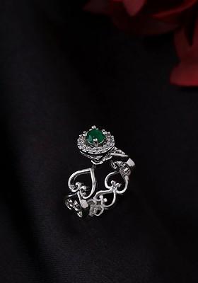 Women Silver Plated Green Studded Heart Shaped Adjustable Finger Ring