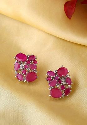 Women Pink Silver Toned Oval Crystal Studded Clip On Elegant Stud Earrings