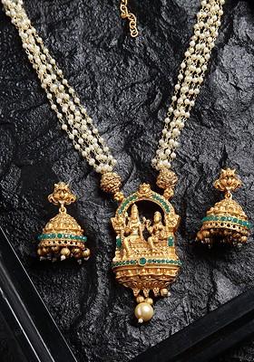 Women Gold Plated Green And White Stone Studded Mala Temple Jewellery Set