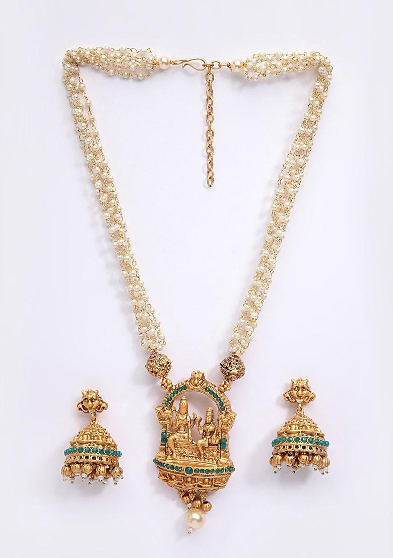 Women Gold Plated Green And White Stone Studded Mala Temple Jewellery Set