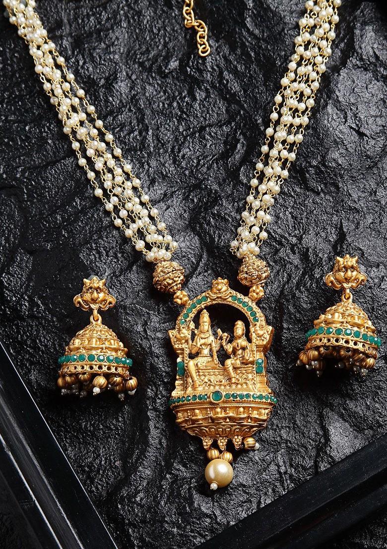 Women Gold Plated Green And White Stone Studded Mala Temple Jewellery Set