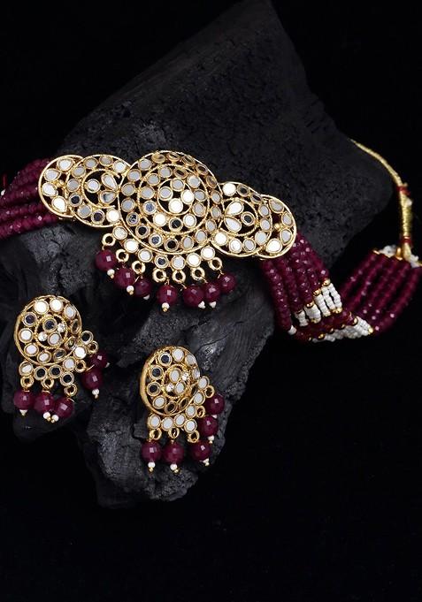 Gold Plated Maroon Pearl Beaded Jewellery Set