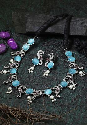 Silver Plated Blue Stone Studded And Bead Oxidized Peacock Jewellery Set